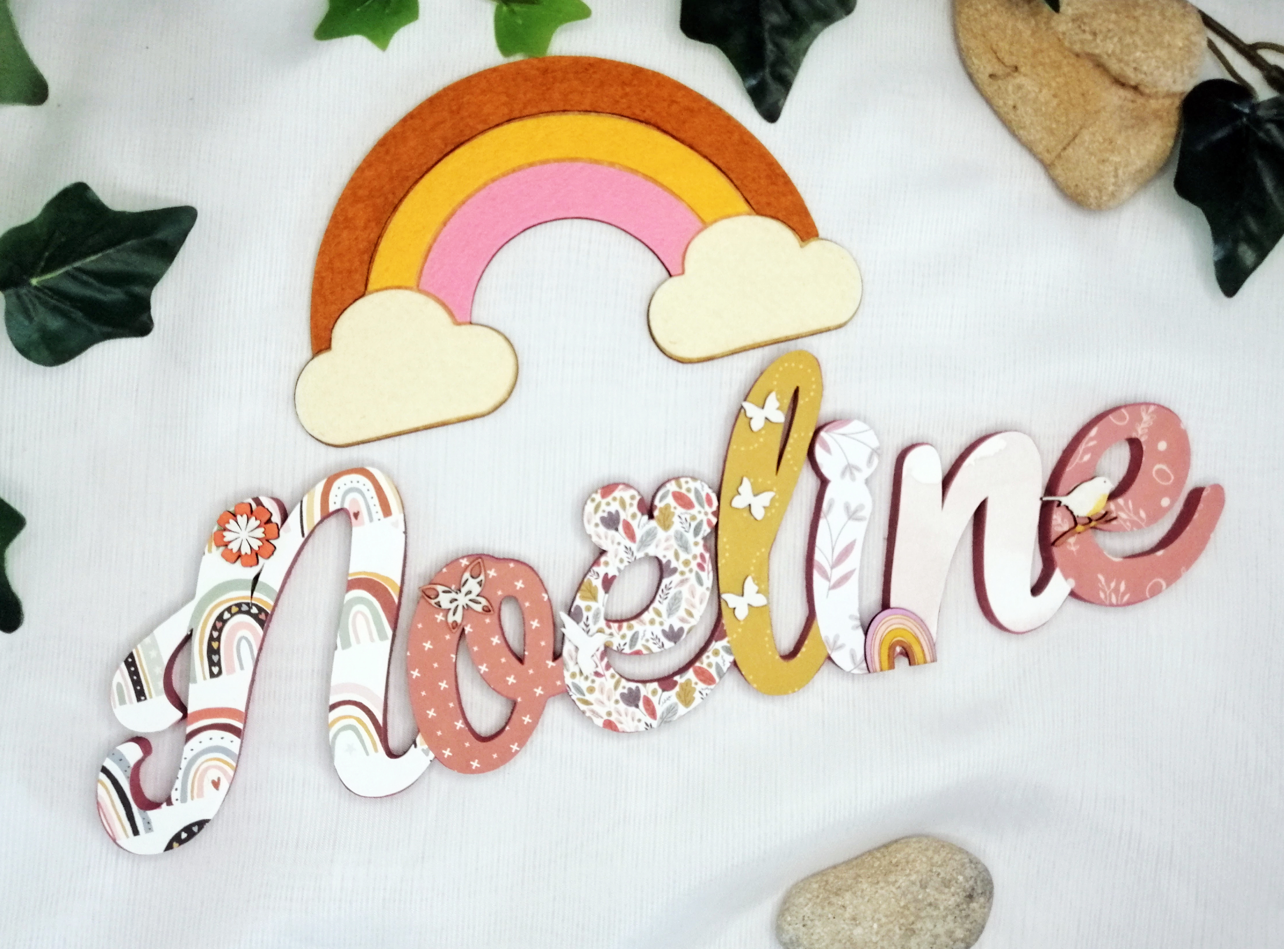 Prénom en bois Bohème - Arc en ciel boho