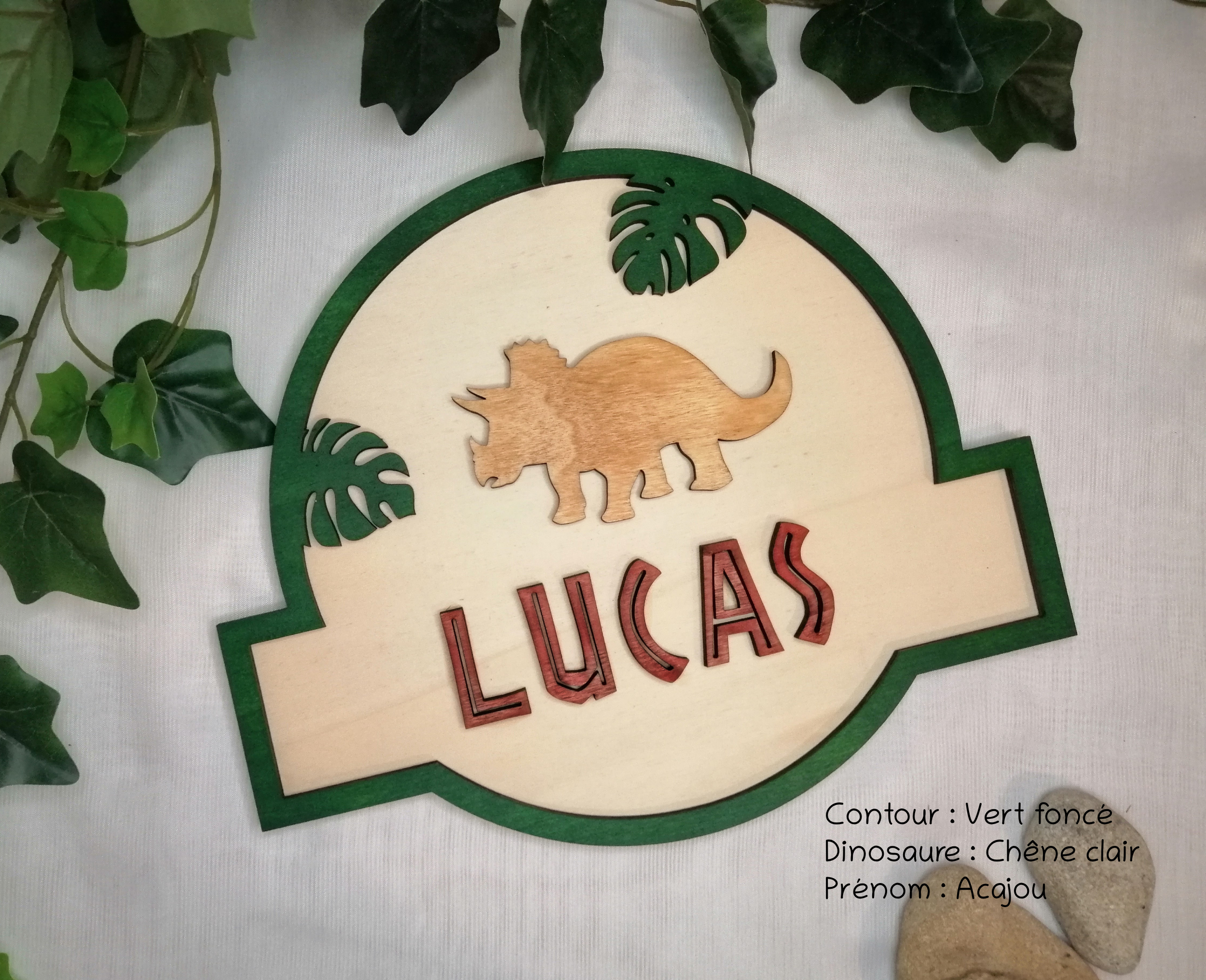 Panneau bois dinosaure stégosaure vert chêne clair et acajou