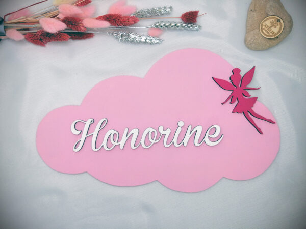 Nuage et fée en bois avec prénom Honorine en rose et fuschia