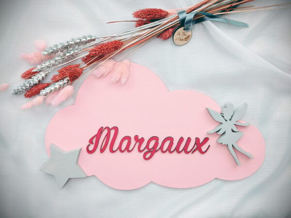 Plaque de porte nuage rose fuchsia prénom Margaux