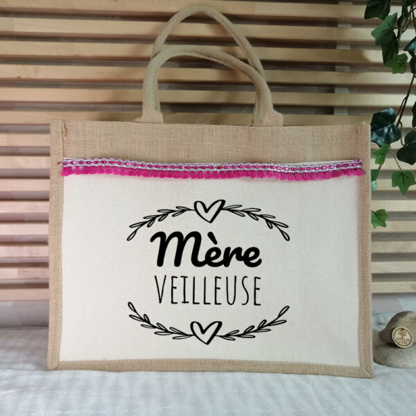 Sac jute Mère veilleuse avec ruban de pompons roses