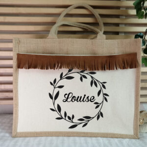 Sac en jute avec couronne de fleurs et prénom Louise