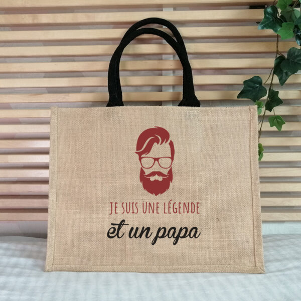 Grand sac en jute Je suis une légende et un papa