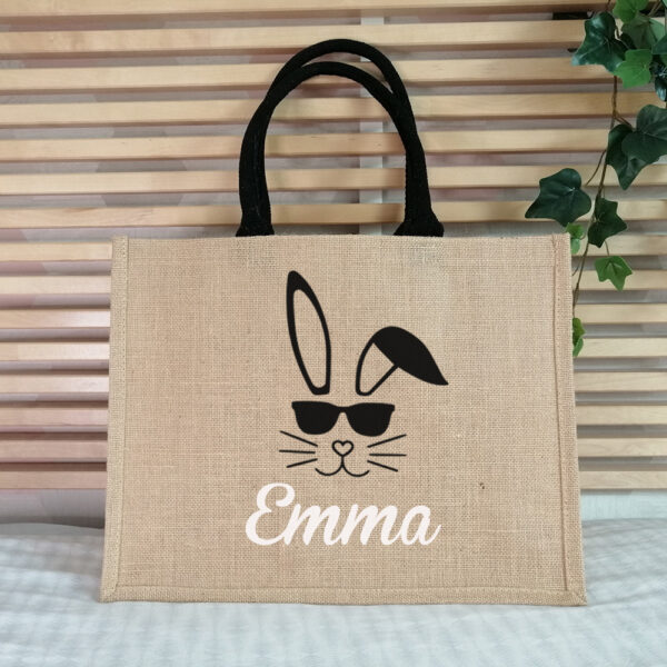 Sac en jute avec lapin et prénom personnalisé