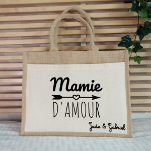 Sac jute mamie d'amour naturel avec pochette blanche