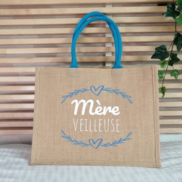 Sac jute Mère Veilleuse naturel et anses bleues