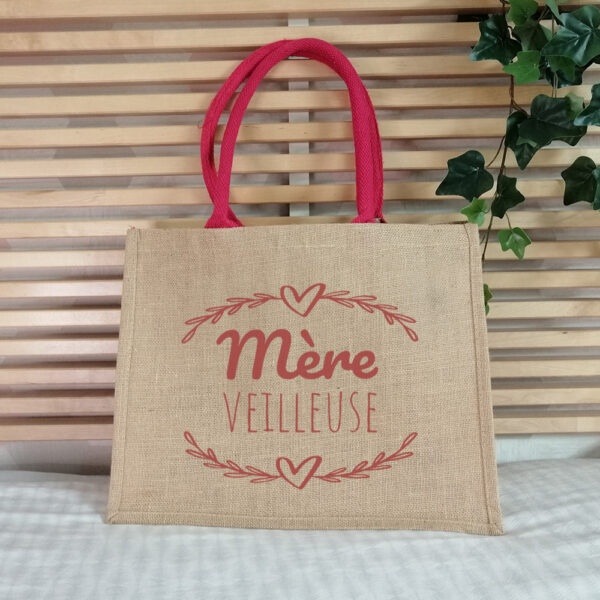 Sac jute Mère Veilleuse naturel et anses roses