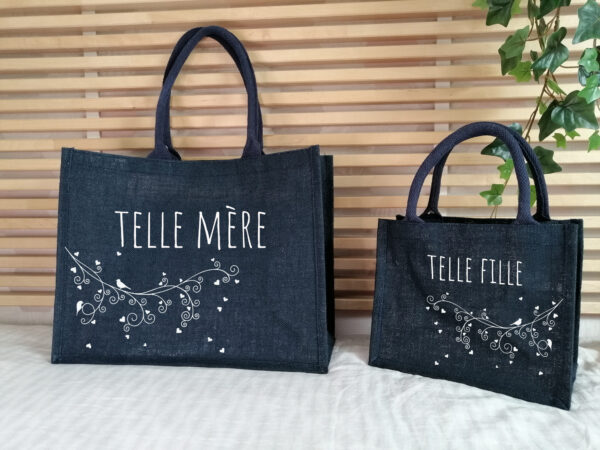 Sac en toile de jute telle mère telle fille bleu marine