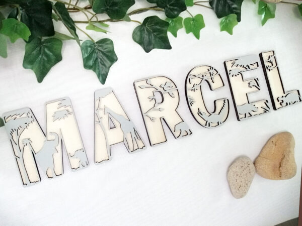 Lettre en bois Jungle Savane - prénom Marcel