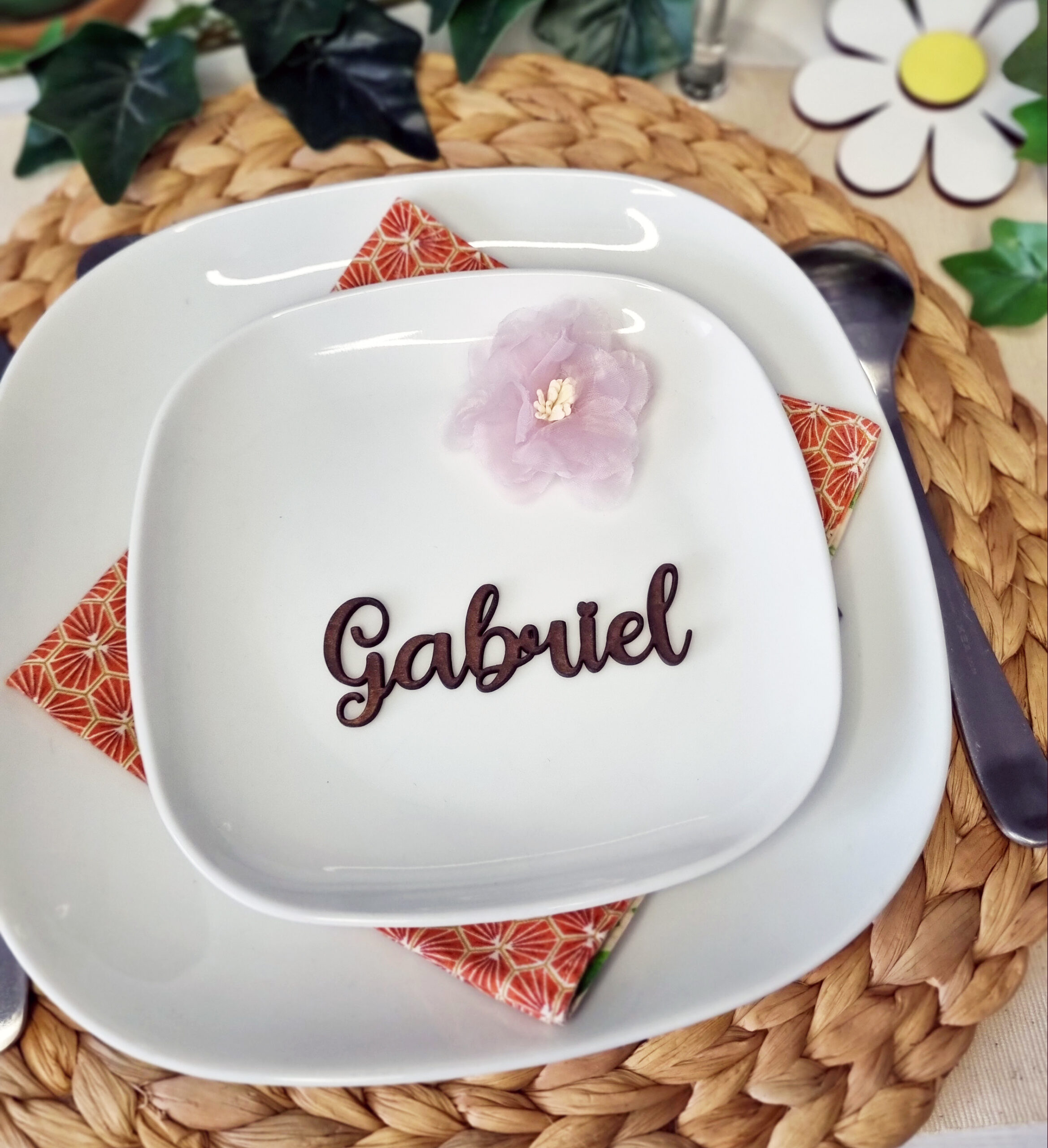 Marque place prénom en bois table mariage baptème